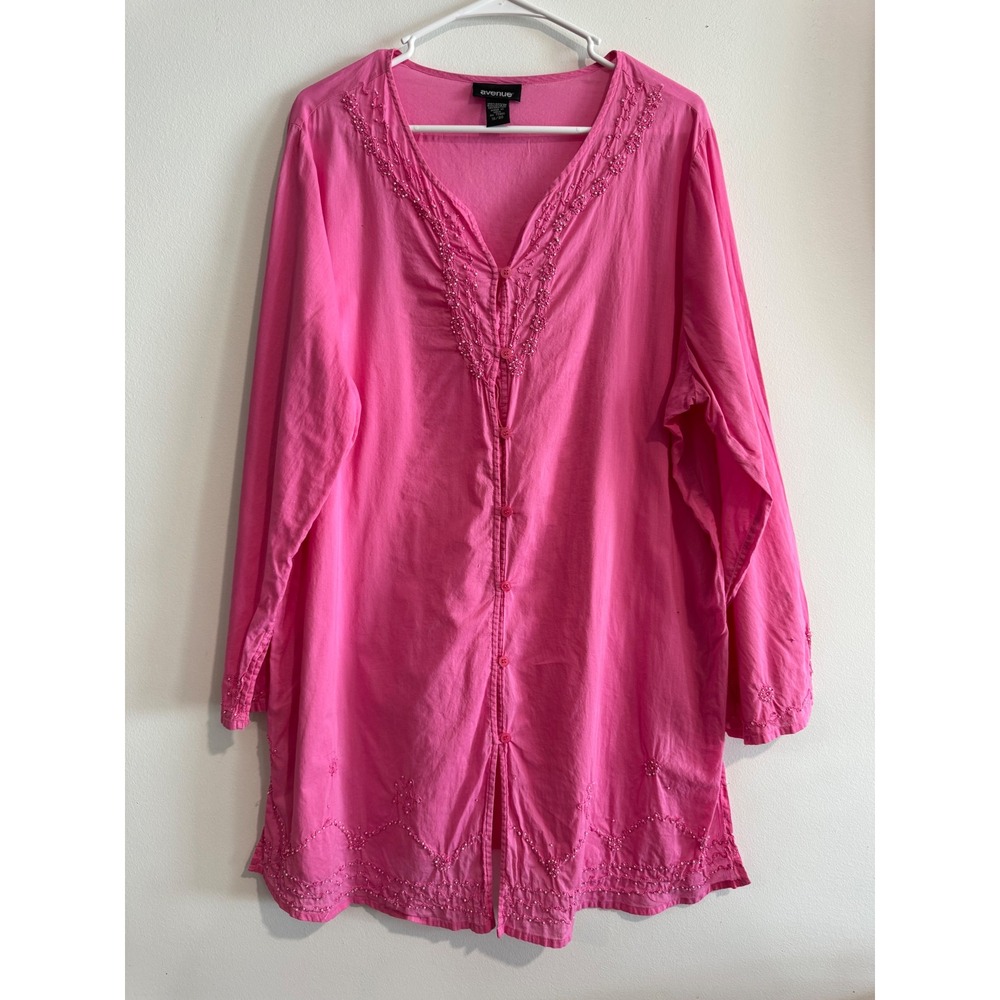 Avenue Beaded Button-Down Tunic Women 18/20 Pink Long Sleeve 100% Cotton Top